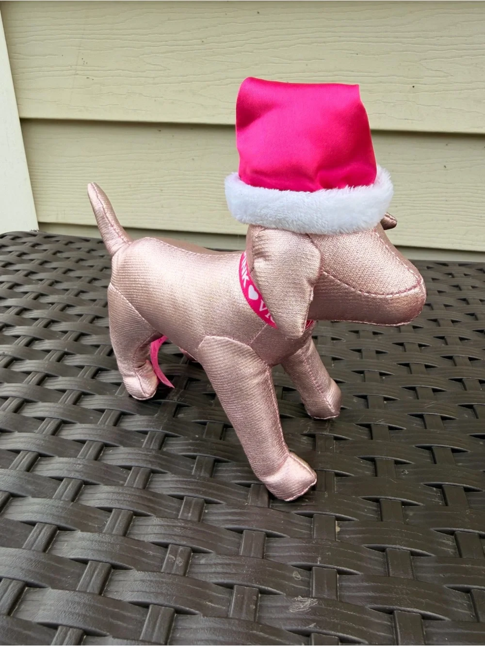 Pink Metallic Plush Dog Toy with Hot Pink Santa Hat